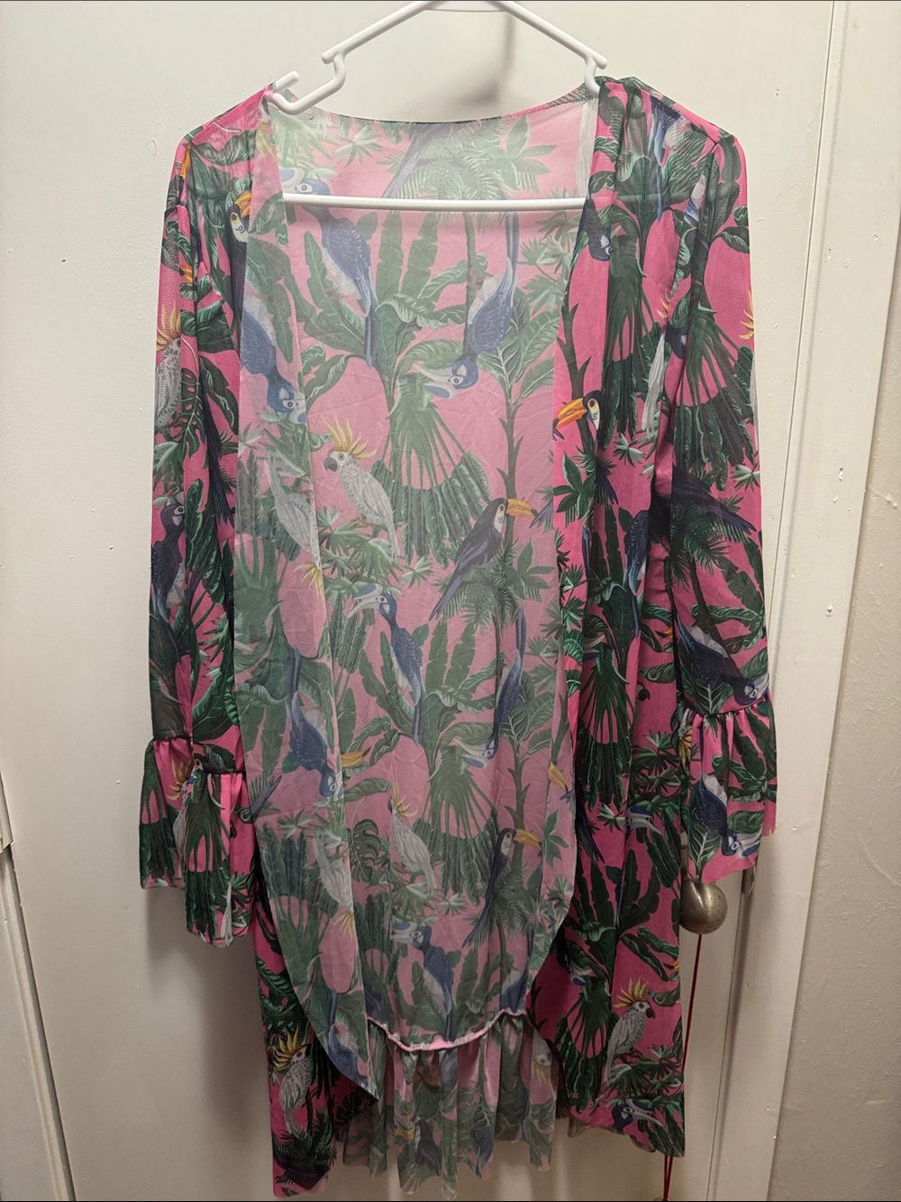 Pink Tropical Bird Print Swim Cover-Up(11)